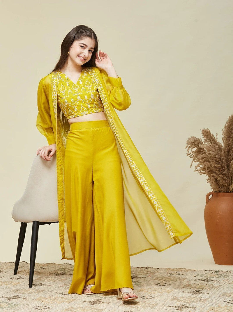 Curly Tales Girls Festive, Party Ethnic Jacket, Blouse and Palazzo Set